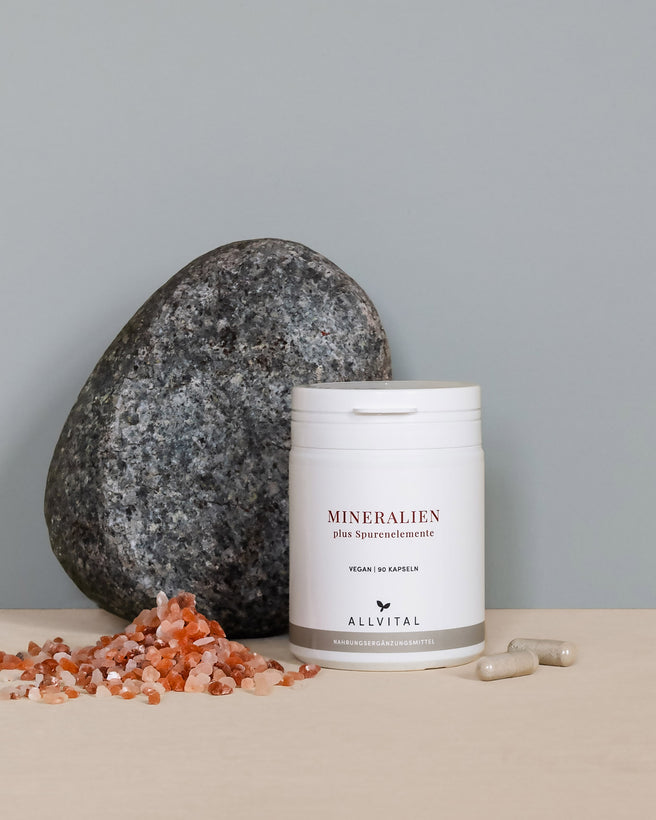 Allvital Mineralien und Spurenelemente enthält Calcium und Magnesium, Chlorid, Kalium, Natrium, Bor und Jod. Für gesunde Muskeln und Knochen.