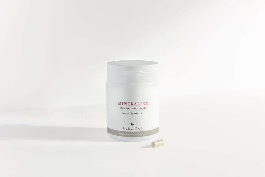 Allvital Mineralien und Spurenelemente enthält Calcium und Magnesium, Chlorid, Kalium, Natrium, Bor und Jod. Für gesunde Muskeln und Knochen.